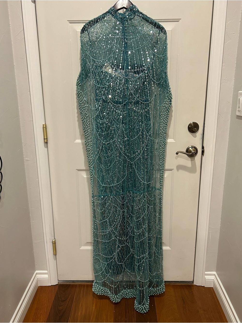 Beaded Evening Dress with Long Beaded Cape in Teal-Blue - Picture 7 of 10